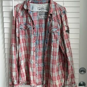 Men’s Buffalo David Bitton Red and Blue Plaid Casual Button-Down Shirt